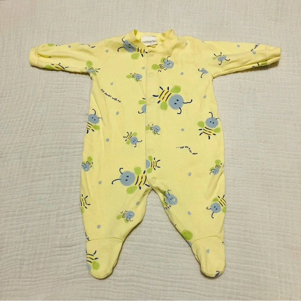 VTG Carter’s Yellow BumbleBee‎ Button Sleeper Bodysuit Footed Pajamas Sz 0/3m